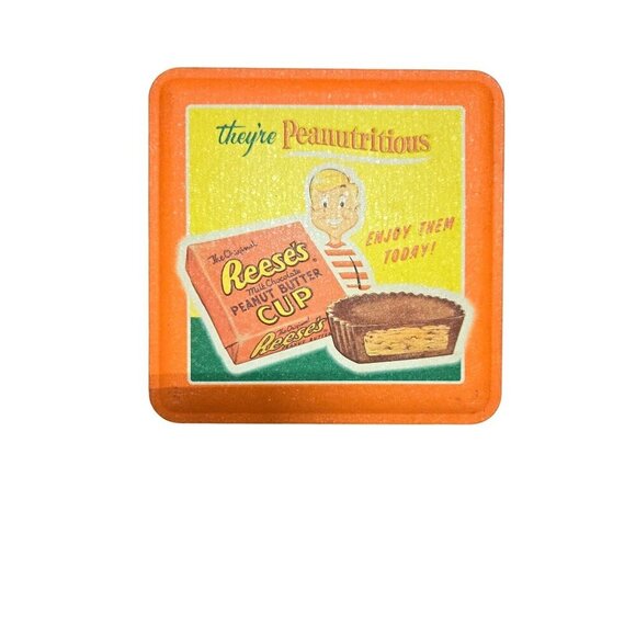 Vintage Reese's Peanut Butter Cup Orange  Tin Box " They're Peanutricious" - Picture 1 of 8